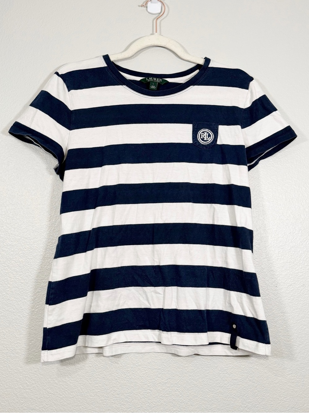 Ralph Lauren Shirt Navy White Stripe Short Sleeve Tee 100% Cotton Women Large